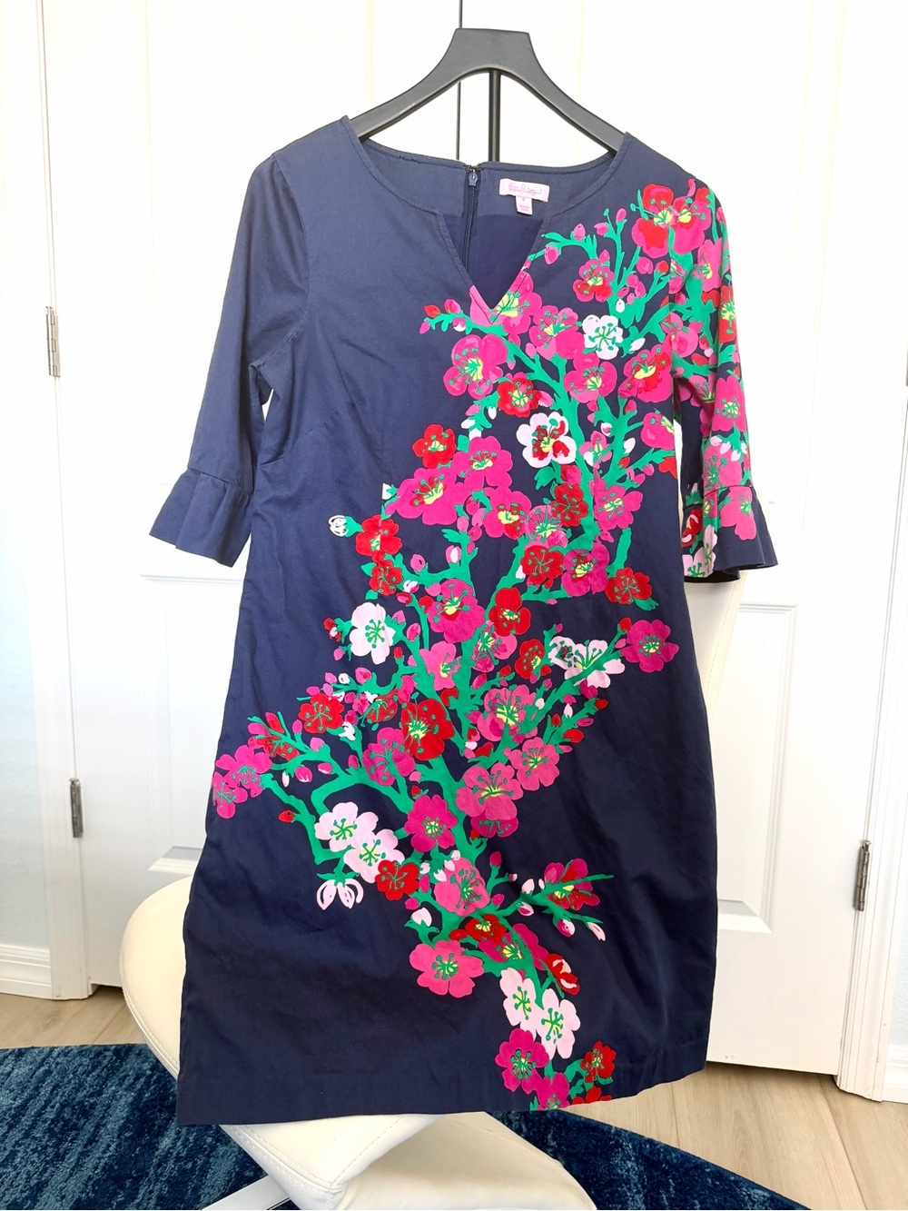 Lilly Pulitzer Floral Theme Dress Flowers Sz 8 Navy Cotton Back Zipper